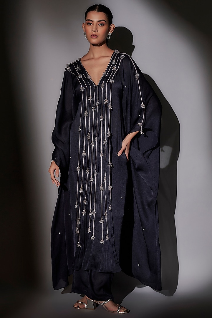 Navy Blue Satin Chiffon Kaftan Set by Ajiesh Oberoi at Pernia's Pop Up Shop