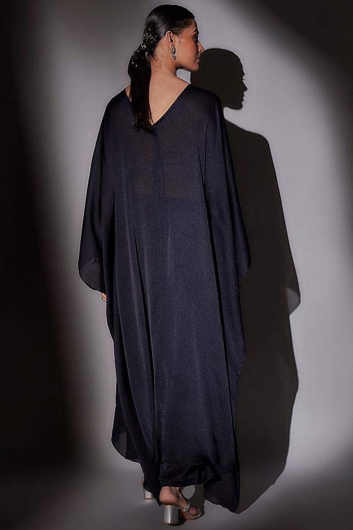 Navy Blue Satin Chiffon Kaftan Set by Ajiesh Oberoi at Pernia's Pop Up Shop