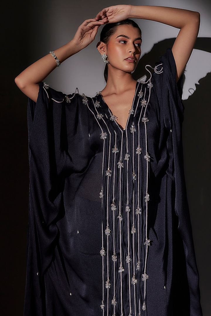Navy Blue Satin Chiffon Kaftan Set by Ajiesh Oberoi at Pernia's Pop Up Shop