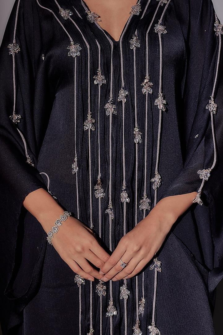Navy Blue Satin Chiffon Kaftan Set by Ajiesh Oberoi at Pernia's Pop Up Shop