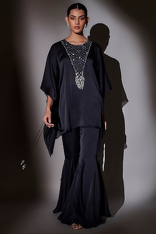 Navy Blue Satin Chiffon Short Kaftan Set by Ajiesh Oberoi