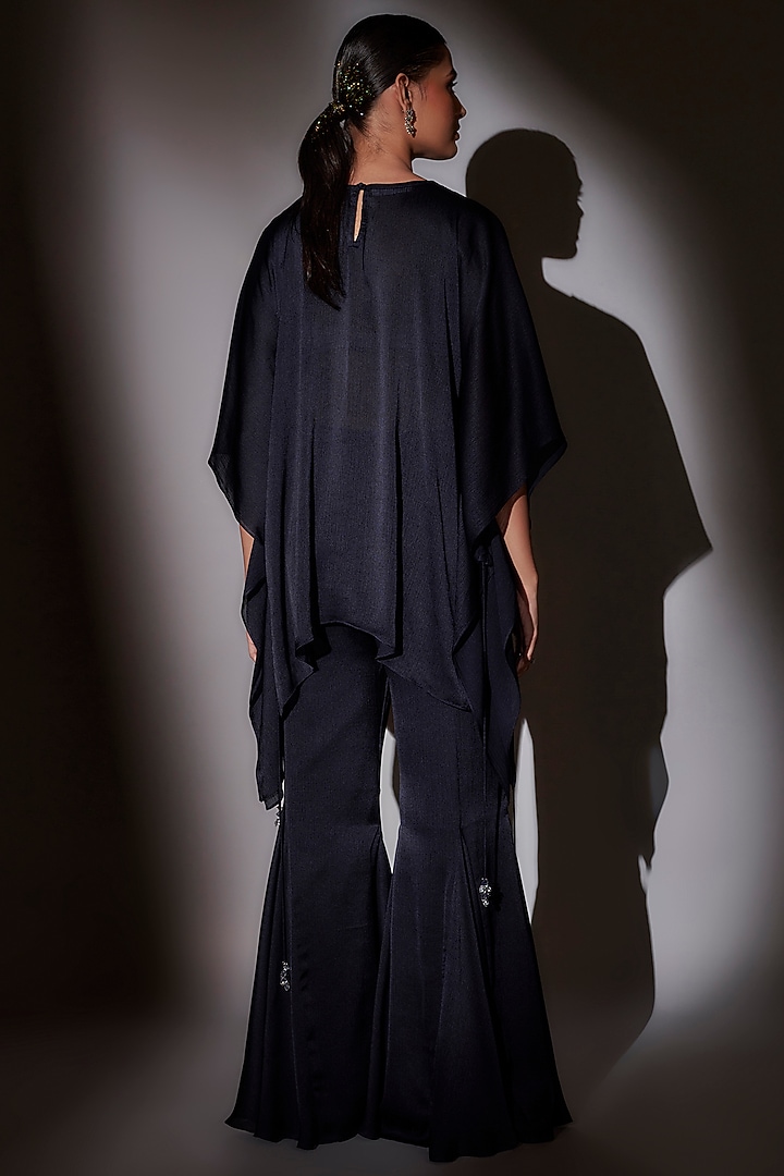 Navy Blue Satin Chiffon Short Kaftan Set by Ajiesh Oberoi at Pernia's Pop Up Shop
