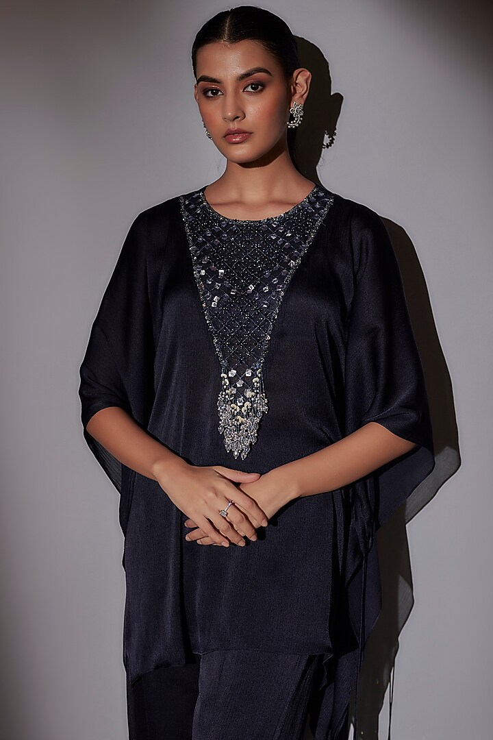 Navy Blue Satin Chiffon Short Kaftan Set by Ajiesh Oberoi at Pernia's Pop Up Shop