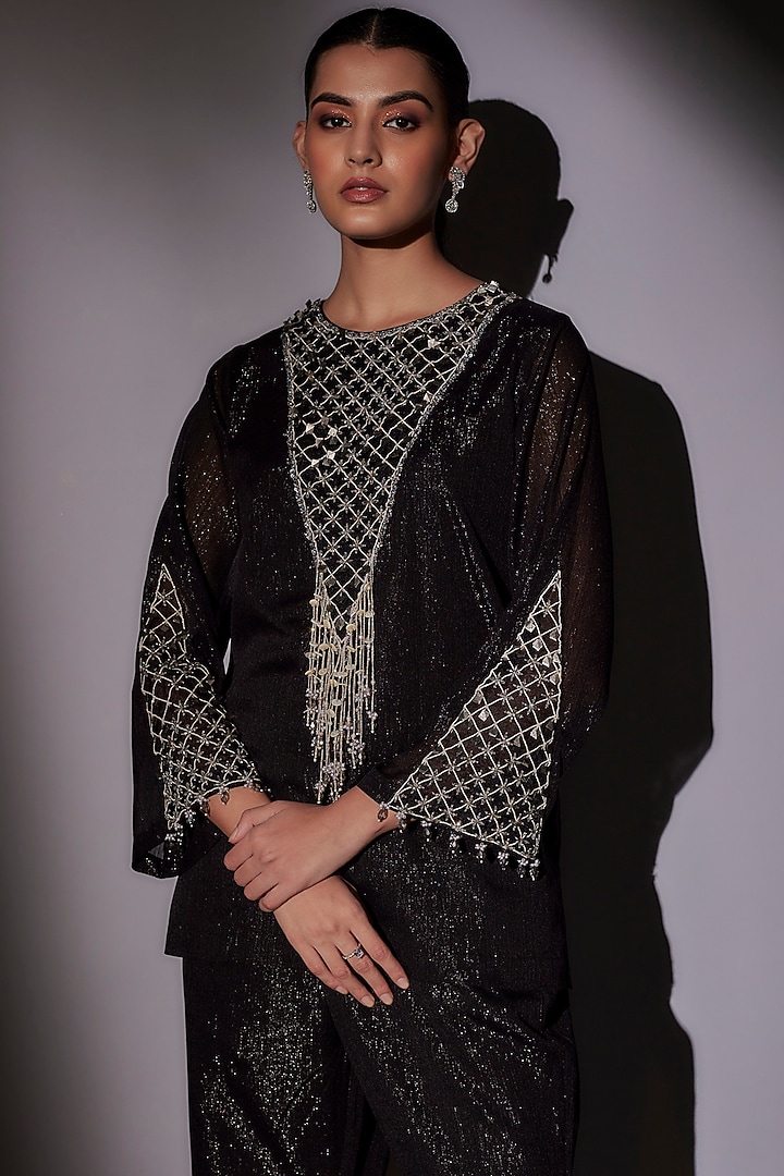 Black Lurex Embroidered Co-Ord Set by Ajiesh Oberoi at Pernia's Pop Up Shop