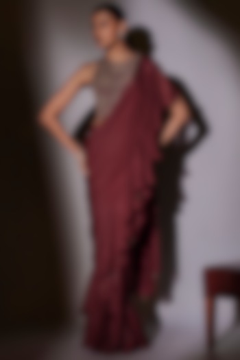 Wine Lurex & Lycra Satin Pre-Draped Saree Set by Ajiesh Oberoi at Pernia's Pop Up Shop