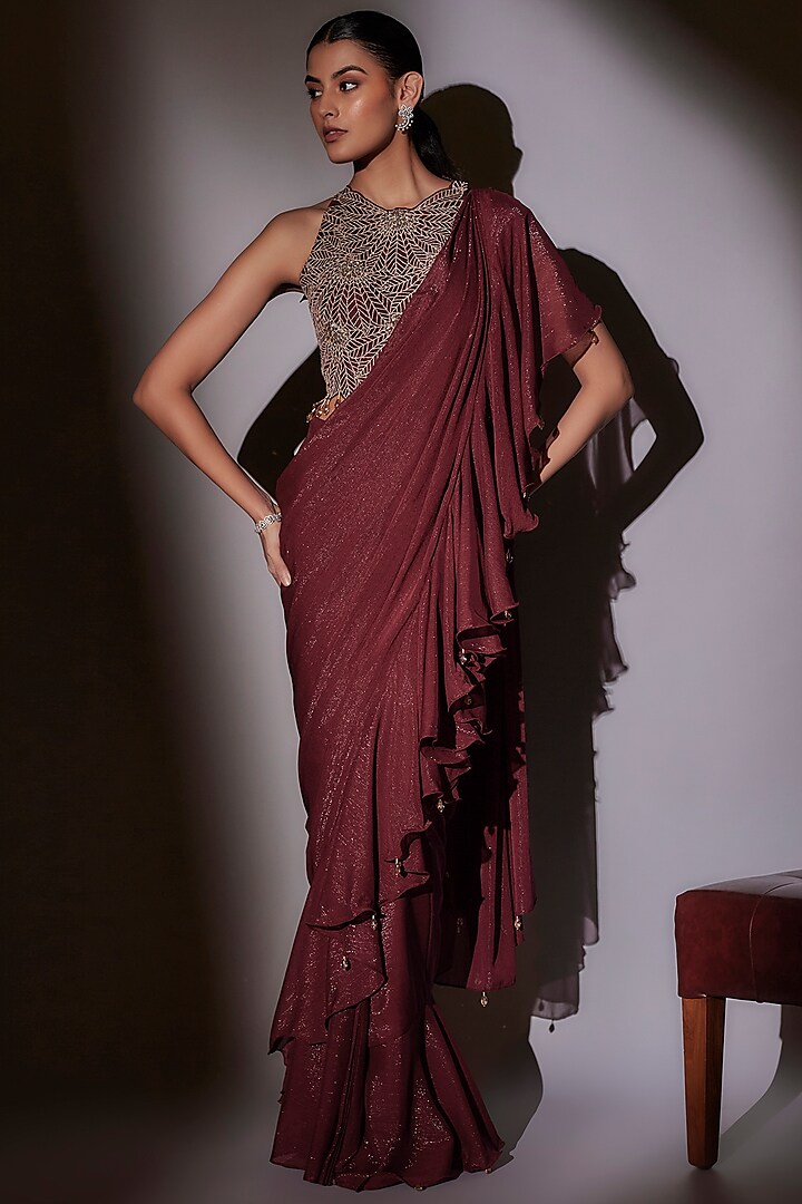 Wine Lurex & Lycra Satin Pre-Draped Saree Set by Ajiesh Oberoi at Pernia's Pop Up Shop