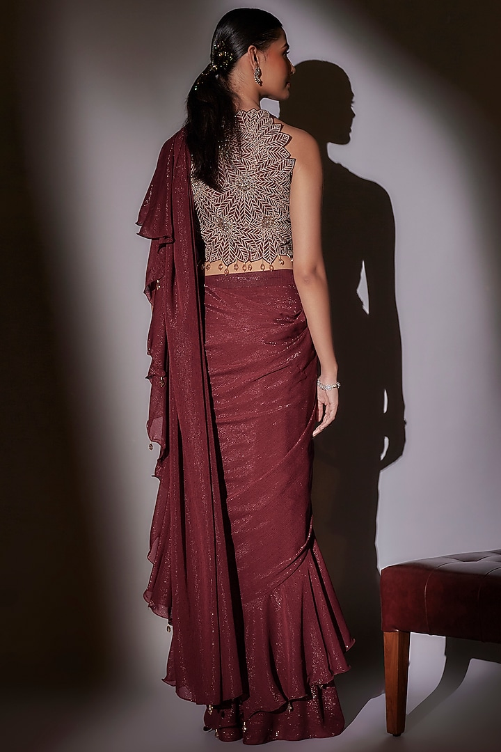 Wine Lurex & Lycra Satin Pre-Draped Wedding Saree Set by Ajiesh Oberoi at Pernia's Pop Up Shop