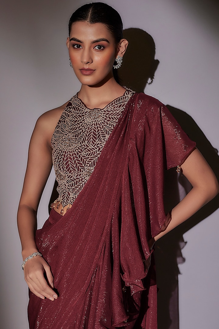 Wine Lurex & Lycra Satin Pre-Draped Wedding Saree Set by Ajiesh Oberoi at Pernia's Pop Up Shop