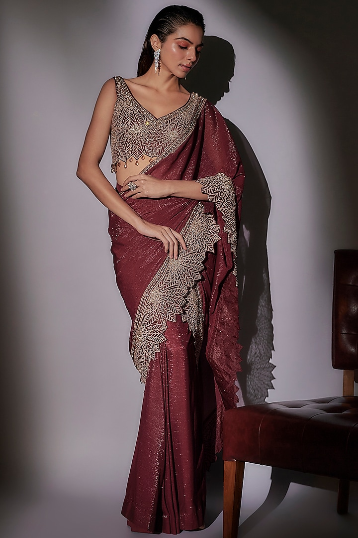 Wine Lurex & Organza Pre-Draped Saree Set by Ajiesh Oberoi at Pernia's Pop Up Shop