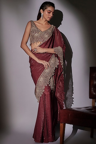 Wine Lurex & Organza Pre-Draped Saree Set by Ajiesh Oberoi
