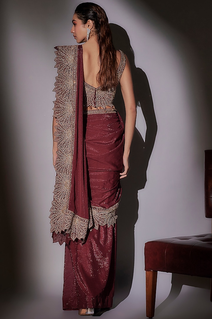 Wine Lurex & Organza Pre-Draped Wedding Saree Set by Ajiesh Oberoi at Pernia's Pop Up Shop