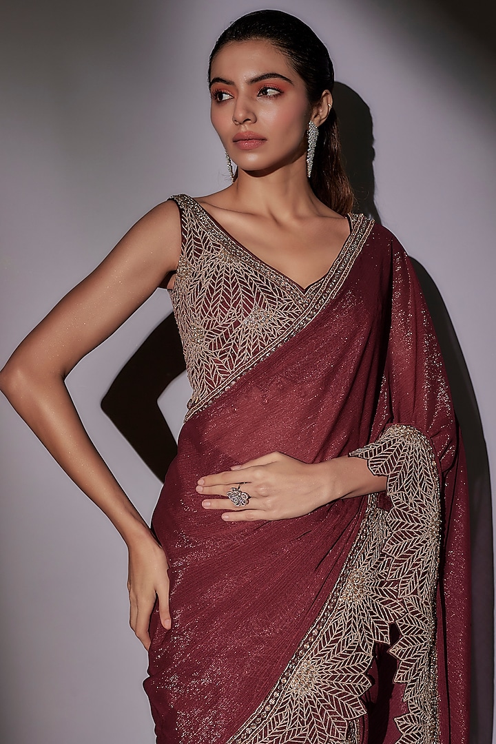 Wine Lurex & Organza Pre-Draped Wedding Saree Set by Ajiesh Oberoi at Pernia's Pop Up Shop