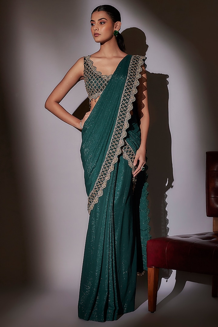 Green Lurex & Organza Pre-Draped Saree Set by Ajiesh Oberoi at Pernia's Pop Up Shop