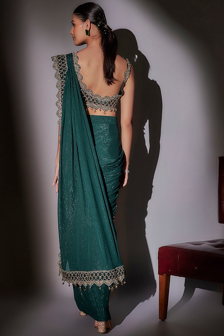 Green Lurex & Organza Pre-Draped Wedding Saree Set by Ajiesh Oberoi at Pernia's Pop Up Shop