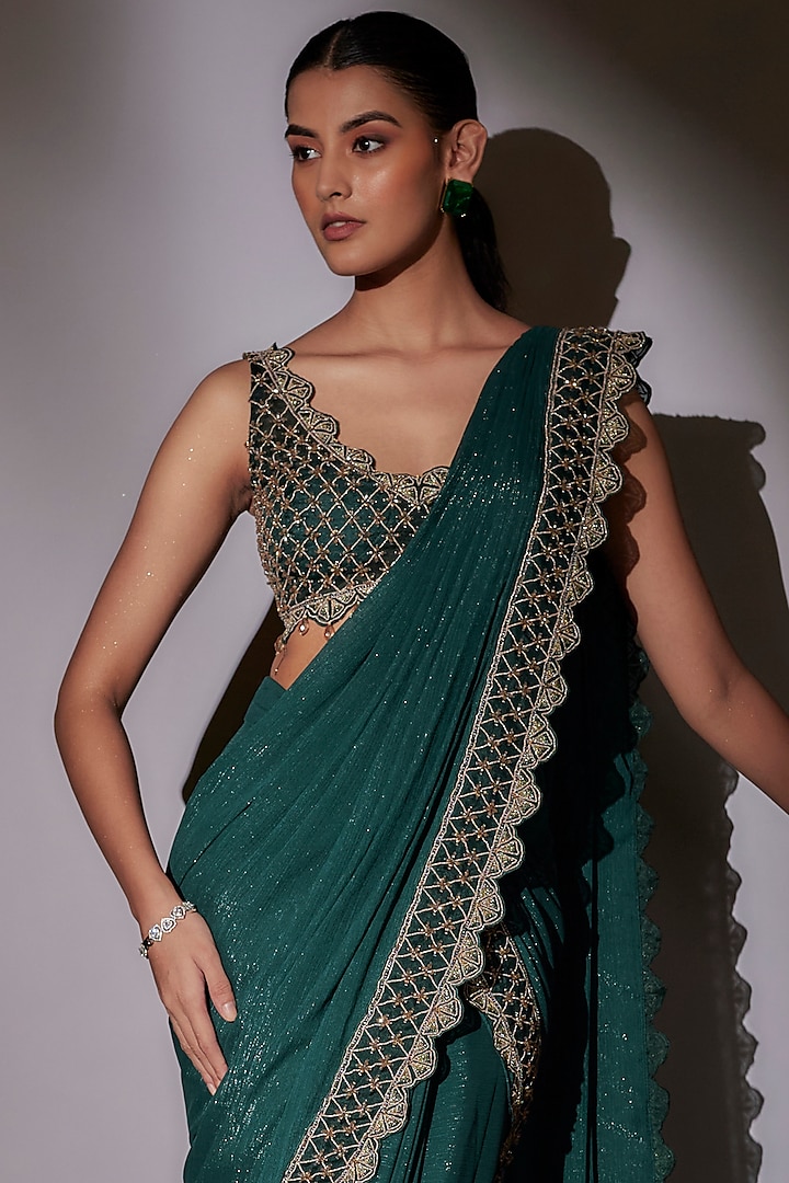 Green Lurex & Organza Pre-Draped Wedding Saree Set by Ajiesh Oberoi at Pernia's Pop Up Shop