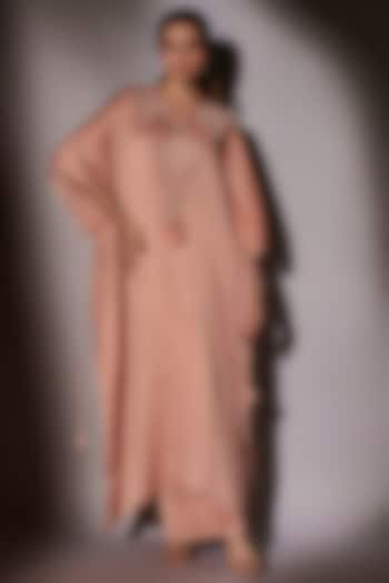 Peach Satin Chiffon Embroidered Kaftan Set by Ajiesh Oberoi at Pernia's Pop Up Shop