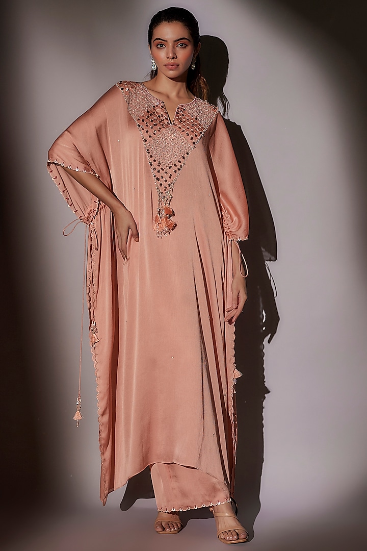 Peach Satin Chiffon Embroidered Kaftan Set by Ajiesh Oberoi at Pernia's Pop Up Shop