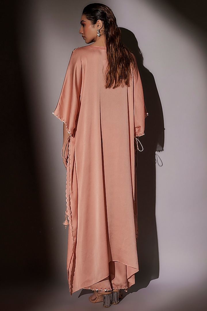Peach Satin Chiffon Embroidered Kaftan Set by Ajiesh Oberoi at Pernia's Pop Up Shop