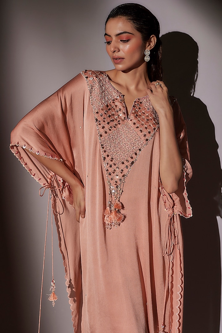 Peach Satin Chiffon Embroidered Kaftan Set by Ajiesh Oberoi at Pernia's Pop Up Shop
