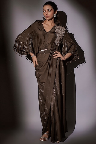 Coffee-Colored Satin & Mulmul Pre-Draped Saree Set by Ajiesh Oberoi