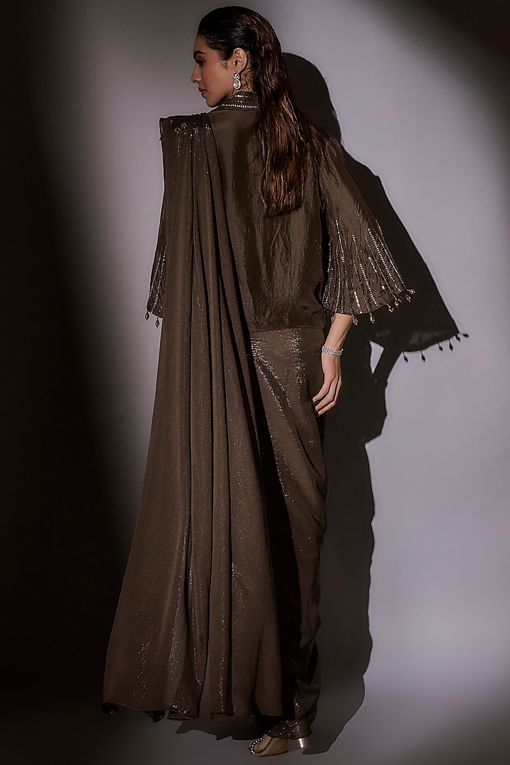 Coffee-Colored Satin & Mulmul Pre-Draped Wedding Saree Set by Ajiesh Oberoi at Pernia's Pop Up Shop