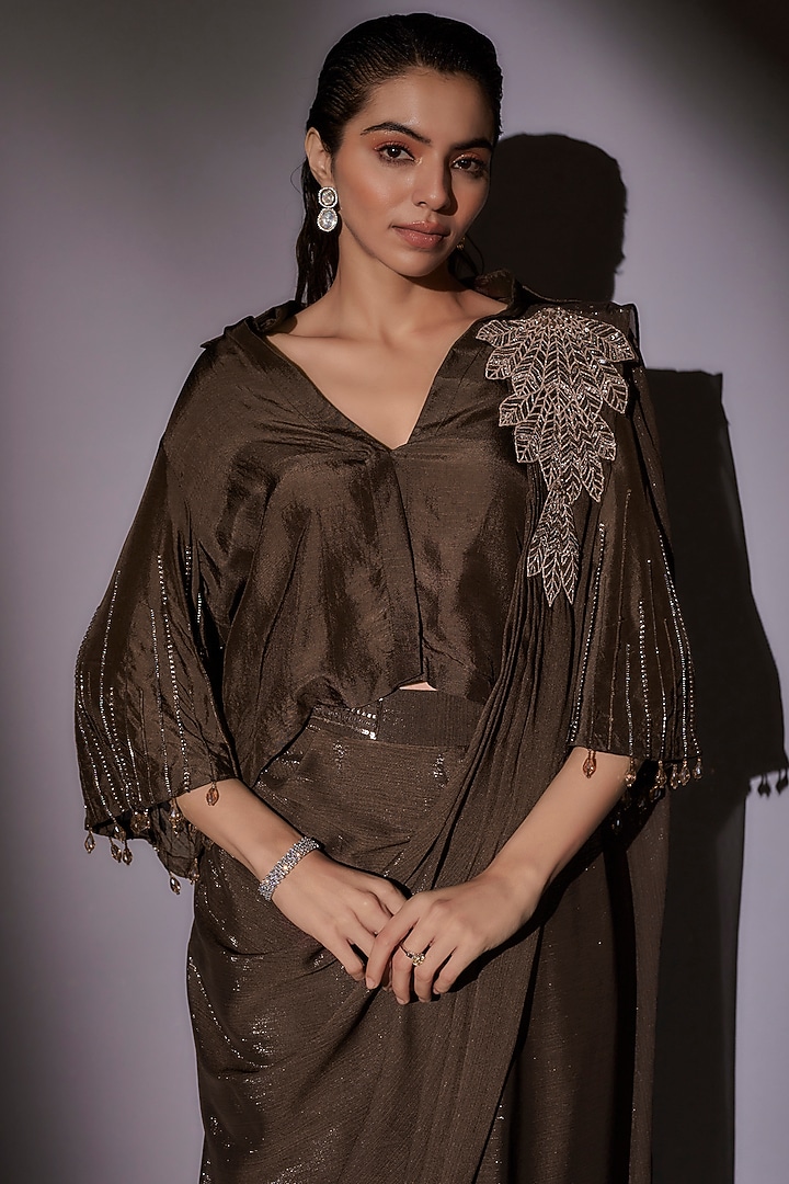 Coffee-Colored Satin & Mulmul Pre-Draped Wedding Saree Set by Ajiesh Oberoi at Pernia's Pop Up Shop