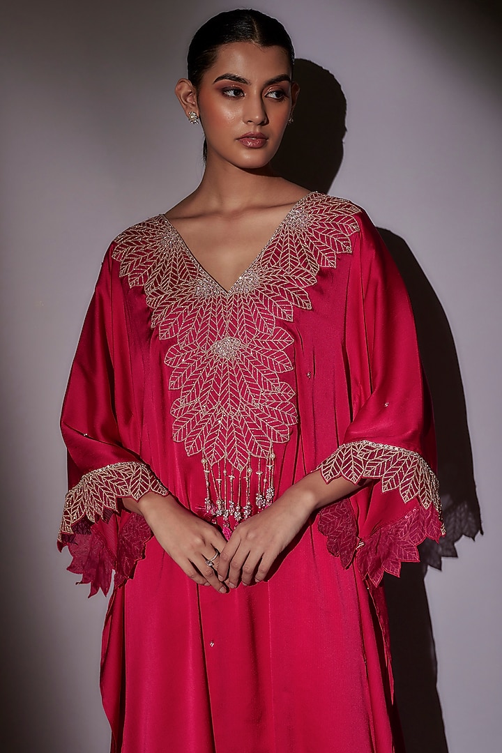 Rani Pink Satin Chiffon Embroidered Kaftan Set by Ajiesh Oberoi at Pernia's Pop Up Shop