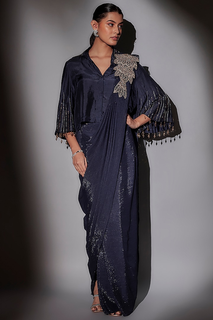 Navy Blue Satin & Mulmul Pre-Draped Saree Set by Ajiesh Oberoi at Pernia's Pop Up Shop