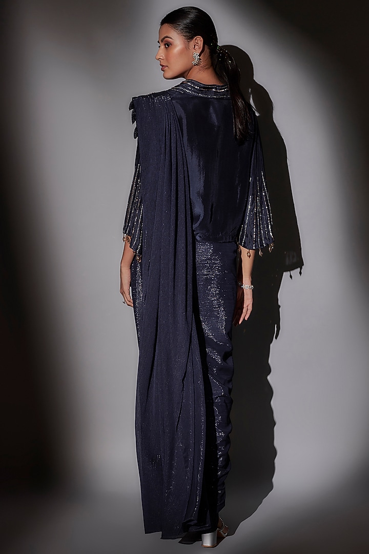 Navy Blue Satin & Mulmul Pre-Draped Wedding Saree Set by Ajiesh Oberoi at Pernia's Pop Up Shop