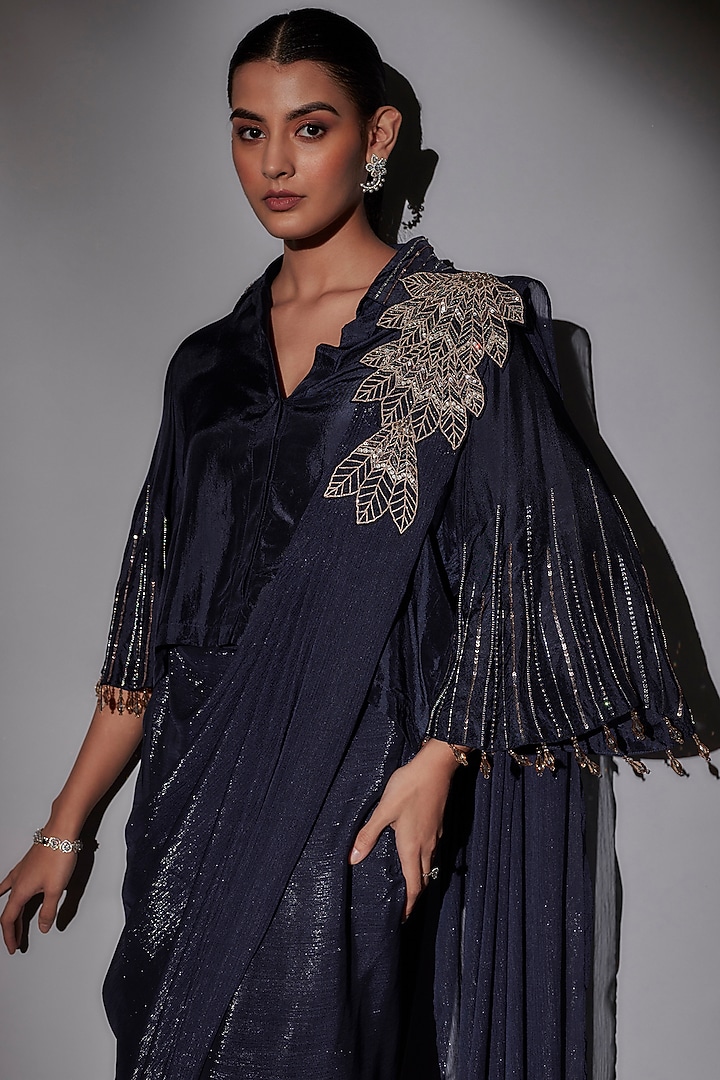 Navy Blue Satin & Mulmul Pre-Draped Wedding Saree Set by Ajiesh Oberoi at Pernia's Pop Up Shop