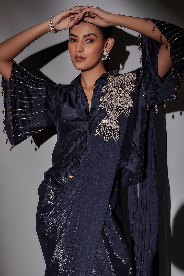 Navy Blue Satin & Mulmul Pre-Draped Wedding Saree Set by Ajiesh Oberoi at Pernia's Pop Up Shop