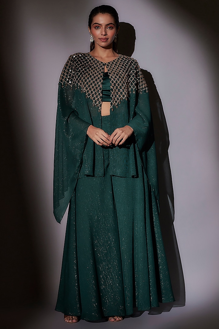 Green Lurex & Satin Hand Embroidered Cape Set by Ajiesh Oberoi at Pernia's Pop Up Shop