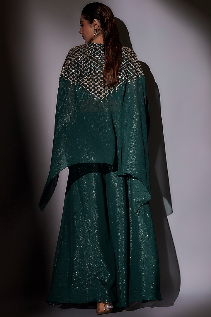 Green Lurex & Satin Hand Embroidered Cape Set by Ajiesh Oberoi at Pernia's Pop Up Shop