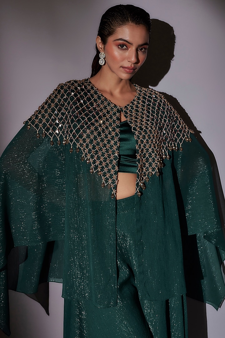 Green Lurex & Satin Hand Embroidered Cape Set by Ajiesh Oberoi at Pernia's Pop Up Shop