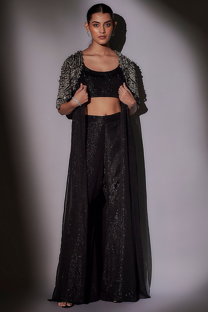 Black Lurex Hand Embroidered Long Jacket Set by Ajiesh Oberoi at Pernia's Pop Up Shop