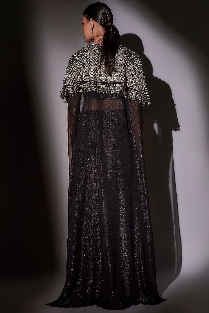 Black Lurex Hand Embroidered Long Jacket Set by Ajiesh Oberoi at Pernia's Pop Up Shop