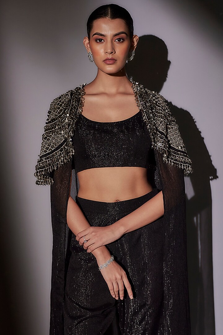 Black Lurex Hand Embroidered Long Jacket Set by Ajiesh Oberoi at Pernia's Pop Up Shop