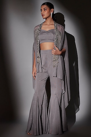 Grey Lurex & Satin Hand Embroidered Cape Set by Ajiesh Oberoi