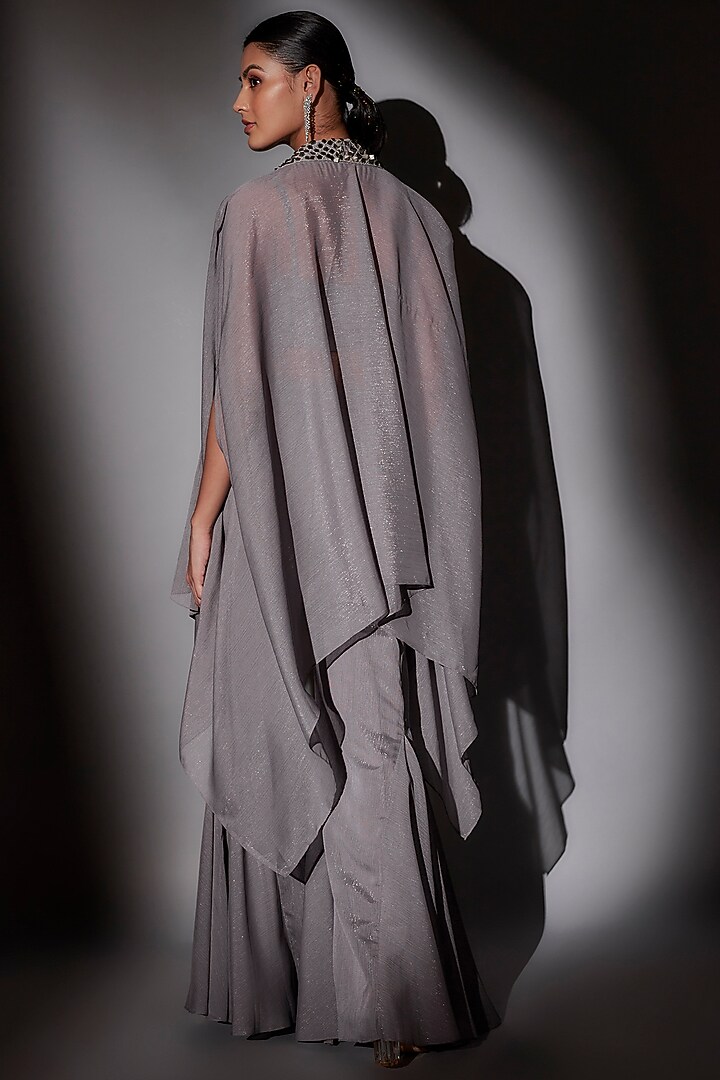Grey Lurex & Satin Hand Embroidered Cape Set by Ajiesh Oberoi at Pernia's Pop Up Shop