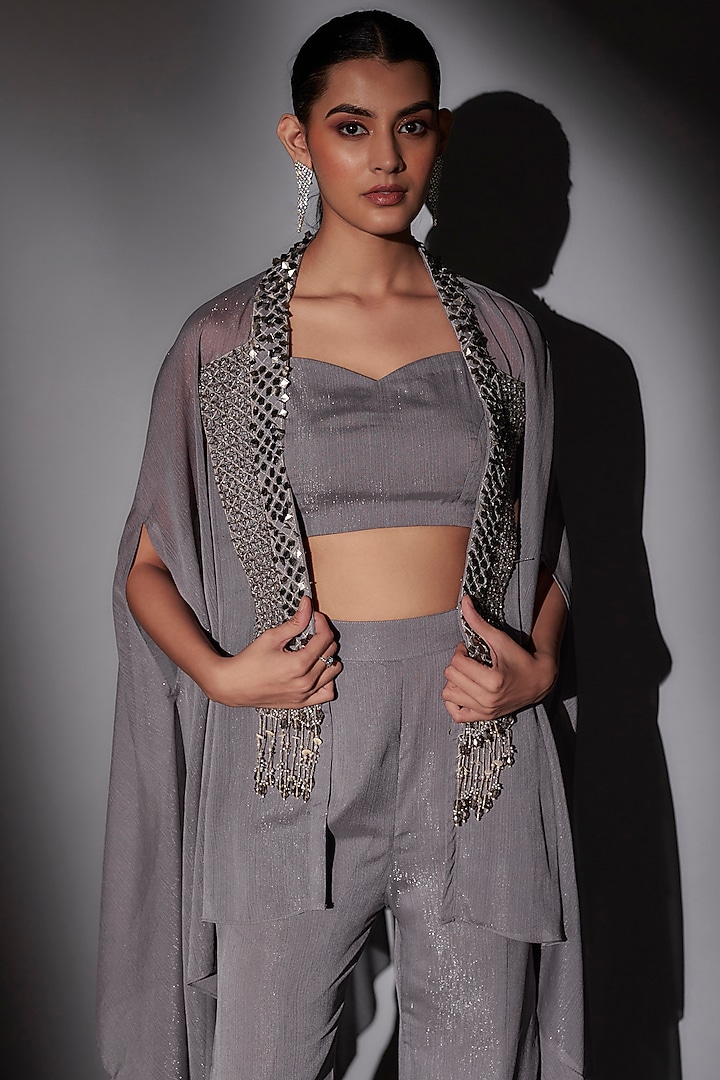 Grey Lurex & Satin Hand Embroidered Cape Set by Ajiesh Oberoi at Pernia's Pop Up Shop