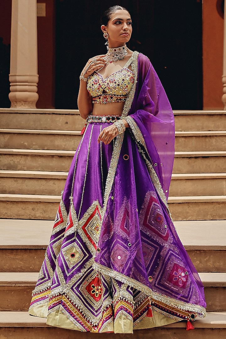 Purple Organza & Silk Blend Mirror Embellished Wedding Lehenga Set by Ajiesh Oberoi at Pernia's Pop Up Shop