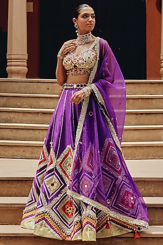 Purple Organza & Silk Blend Mirror Embellished Lehenga Set by Ajiesh Oberoi
