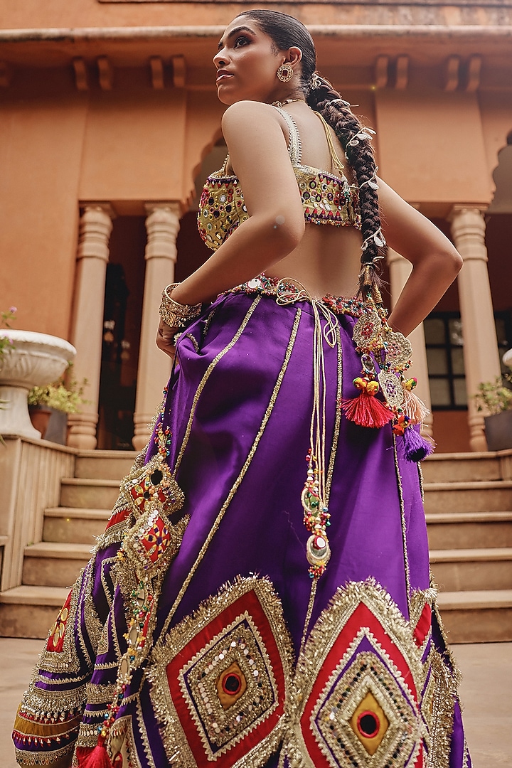 Purple Organza & Silk Blend Mirror Embellished Wedding Lehenga Set by Ajiesh Oberoi at Pernia's Pop Up Shop