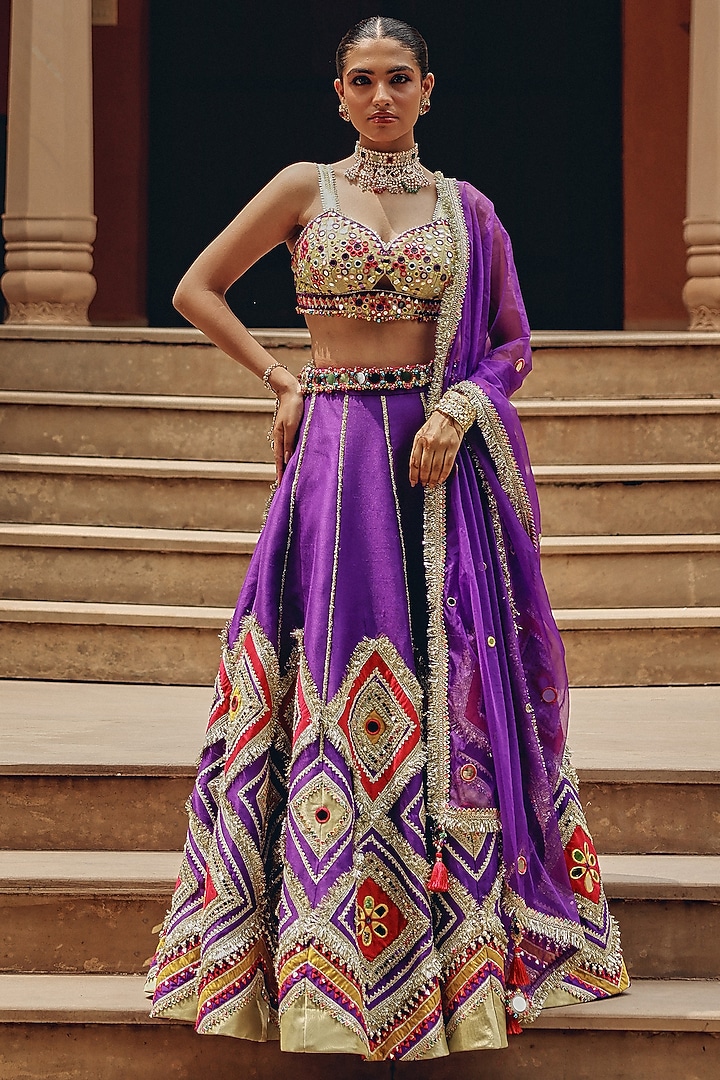 Purple Organza & Silk Blend Mirror Embellished Wedding Lehenga Set by Ajiesh Oberoi at Pernia's Pop Up Shop