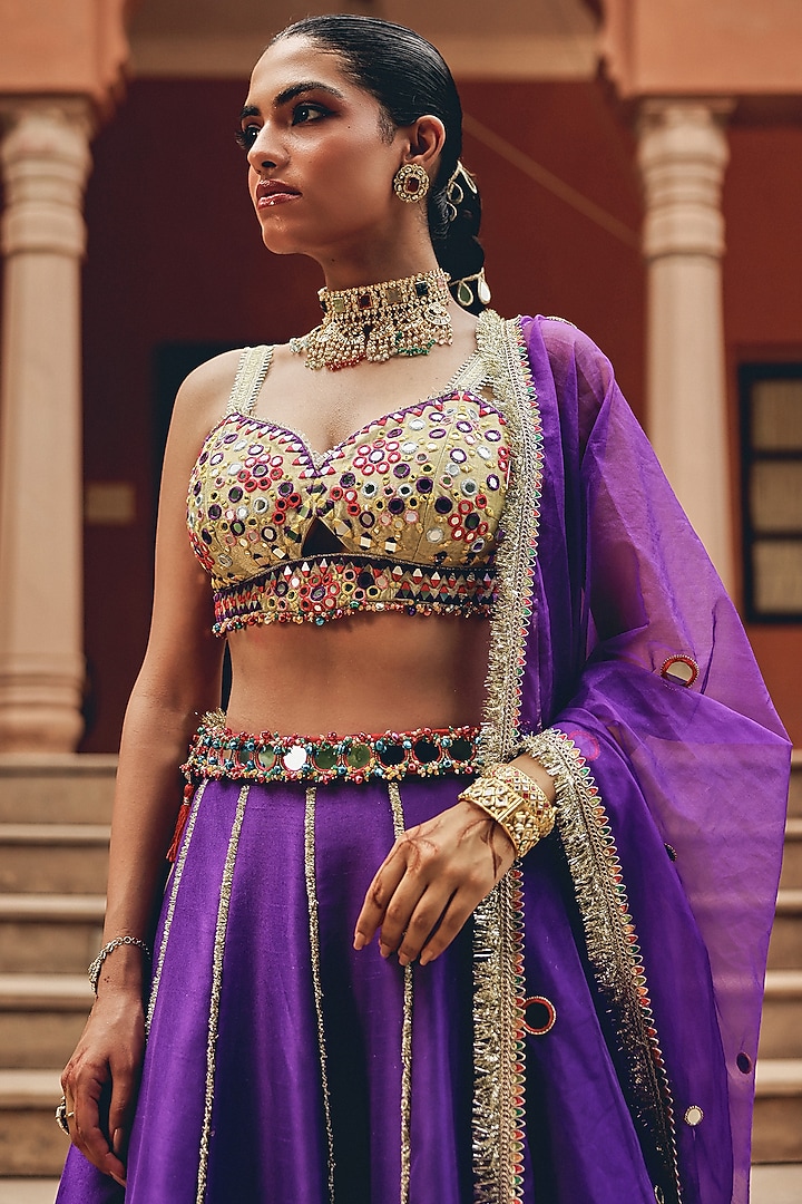 Purple Organza & Silk Blend Mirror Embellished Wedding Lehenga Set by Ajiesh Oberoi at Pernia's Pop Up Shop
