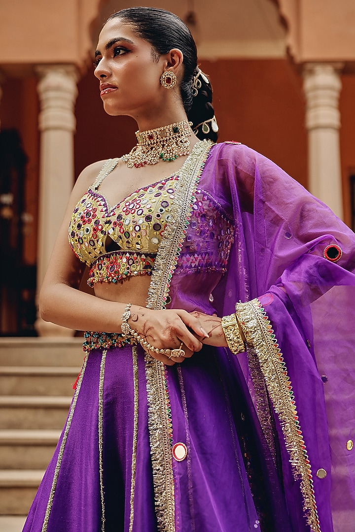 Purple Organza & Silk Blend Mirror Embellished Wedding Lehenga Set by Ajiesh Oberoi at Pernia's Pop Up Shop