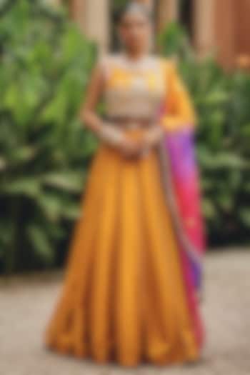 Mustard Organza & Silk Blend Wedding Lehenga Set by Ajiesh Oberoi at Pernia's Pop Up Shop