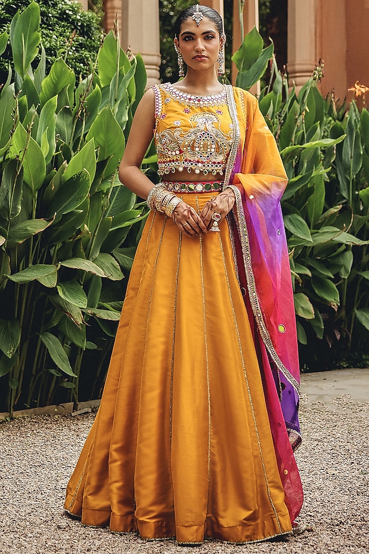 Mustard Organza & Silk Blend Wedding Lehenga Set by Ajiesh Oberoi at Pernia's Pop Up Shop