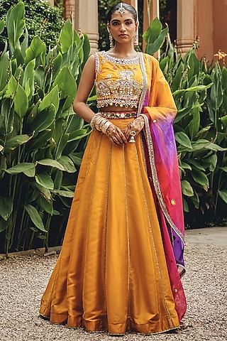 Mustard Organza & Silk Blend Lehenga Set by Ajiesh Oberoi