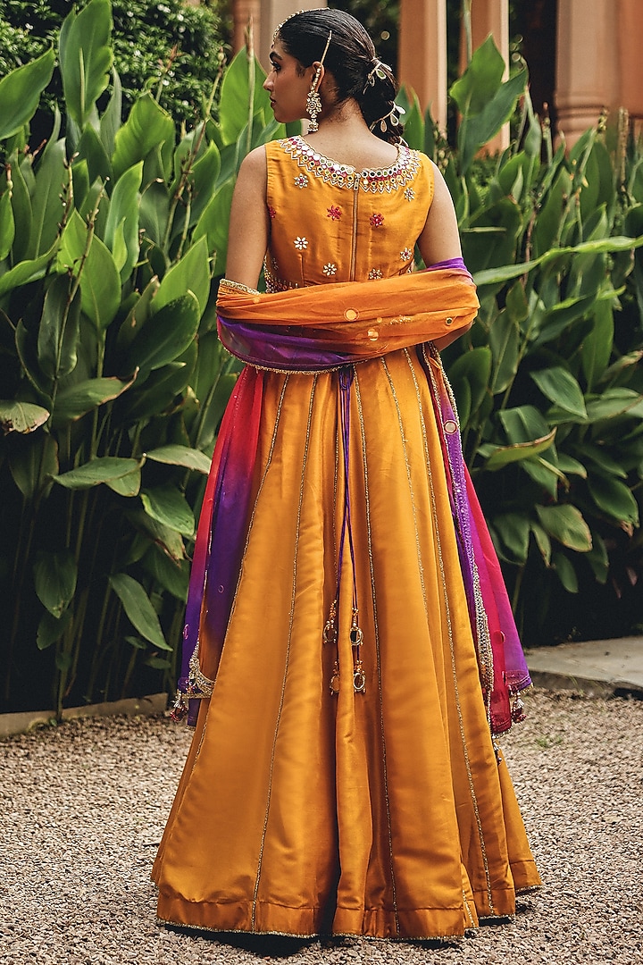 Mustard Organza & Silk Blend Wedding Lehenga Set by Ajiesh Oberoi at Pernia's Pop Up Shop